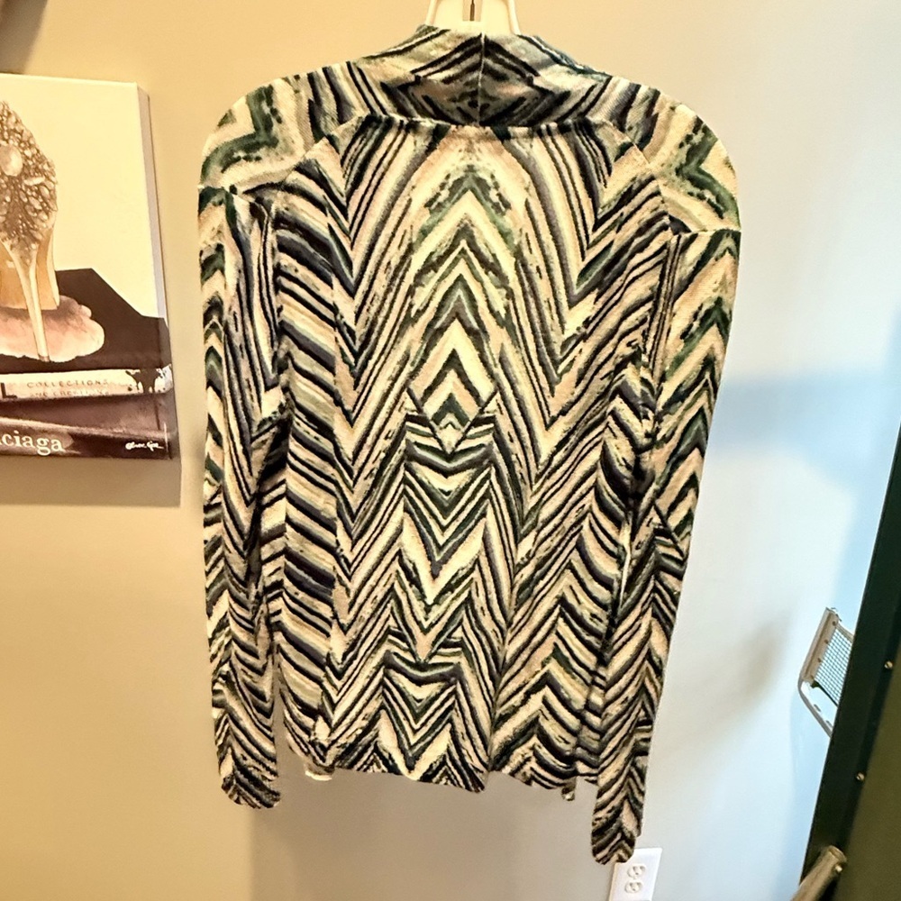 NIC+ZOE Cream/Teal/Navy Open Front Chevron Linen Sweater Size Medium MSRP $168 - Picture 5 of 12